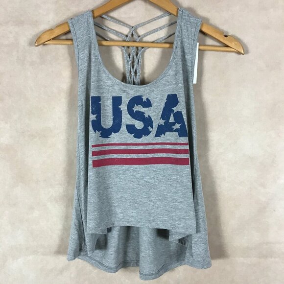 Love Tribe Juniors Gray USA Macrame Back Tank Top NWT MEDIUM - Picture 1 of 5